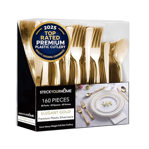 Gold Plastic Silverware Set (160 Bulk Pack) Disposable Cutlery Utensils, 80 Forks, 40 Knives, 40 Spoons, Heavy Duty Flatware For Holidays, Parties, Dinners, Weddings, and Occasions