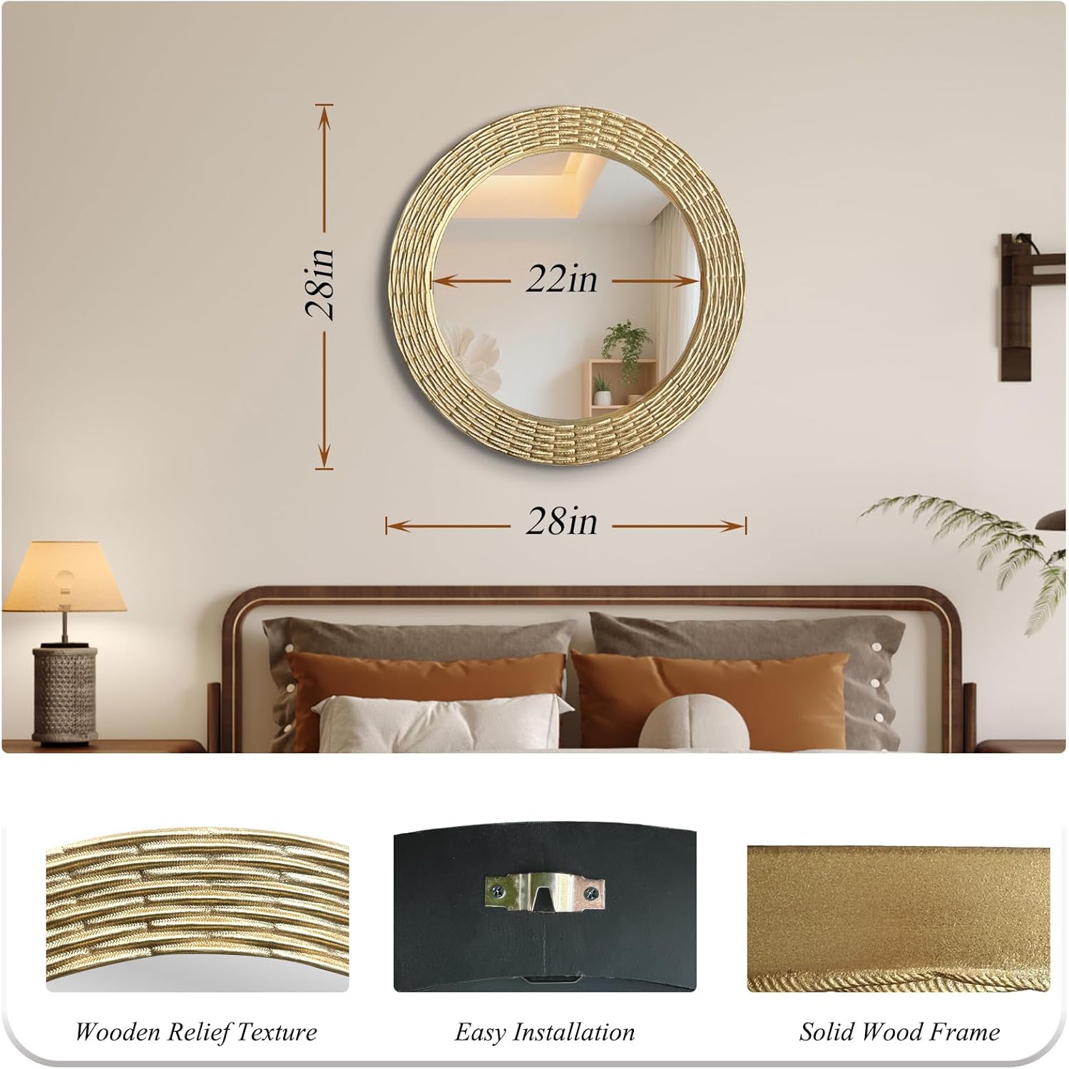 WAMIRRO Gold Round Wood Mirror, 28 Inch Hand Carved Solid Wood Frame Circle Mirror for Wall Mount, Farmhouse Boho Decor for Living Room, Bathroom, Bedroom, Hallway & Entryway