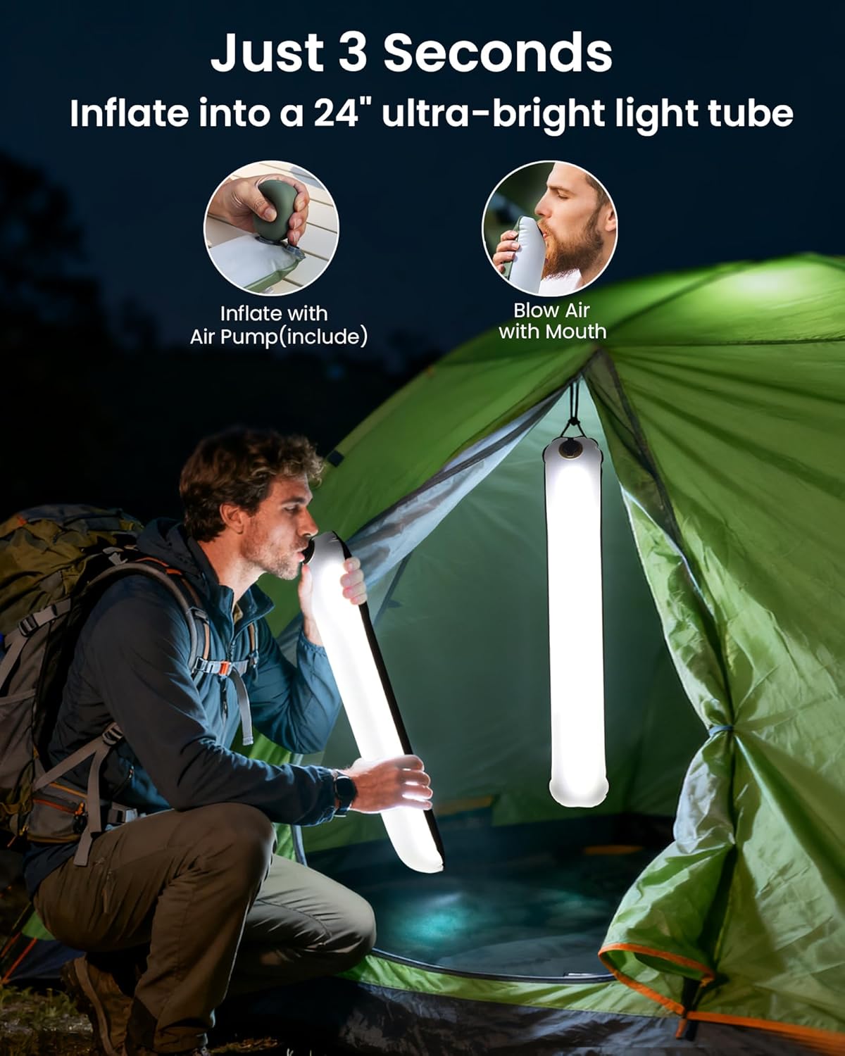 24" Foldable Inflatable Solar Camping Lantern, Magnetic LED Tube Light with USB-C 2000mAh Power Bank, IP66 Waterproof TPU Tent Light for Hurricane Emergency, Backpacking & Off-Grid Survival (Black)