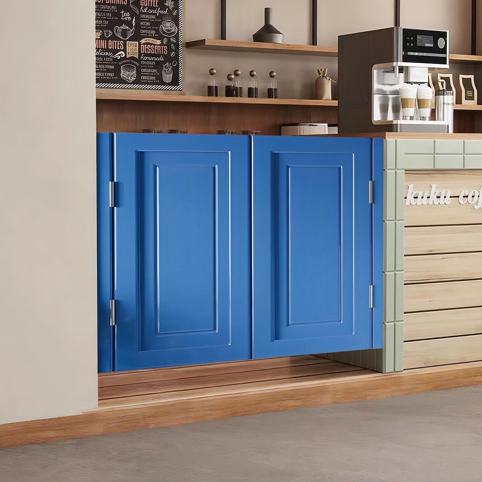 Porte blu scuro da 91/99/122/120 cm, porte interne aperte, con hins per cucina e design a mezza porta (W49 x H36)