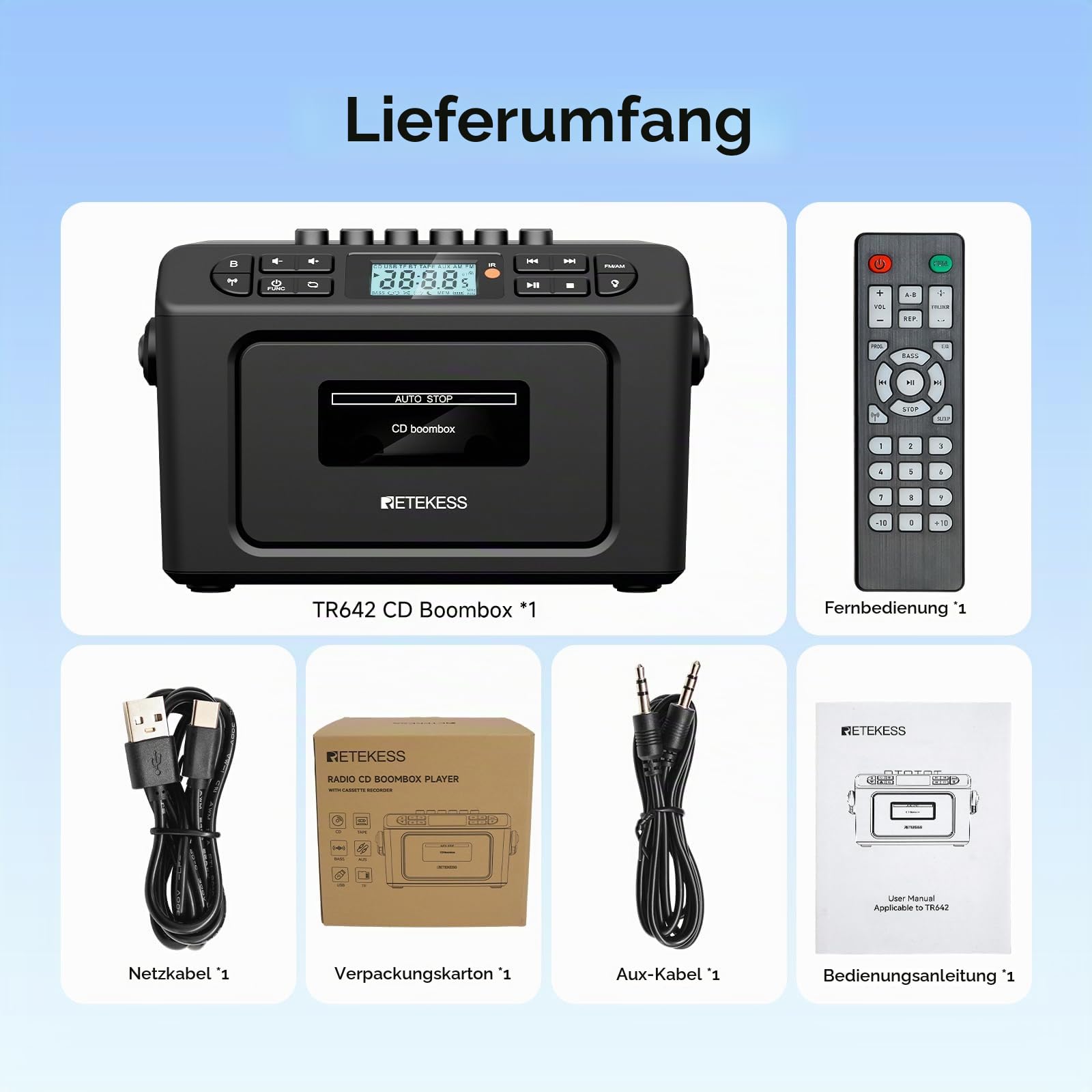 Retekess TR642 CD Player mit Kassette, Boombox Kassettenspieler
