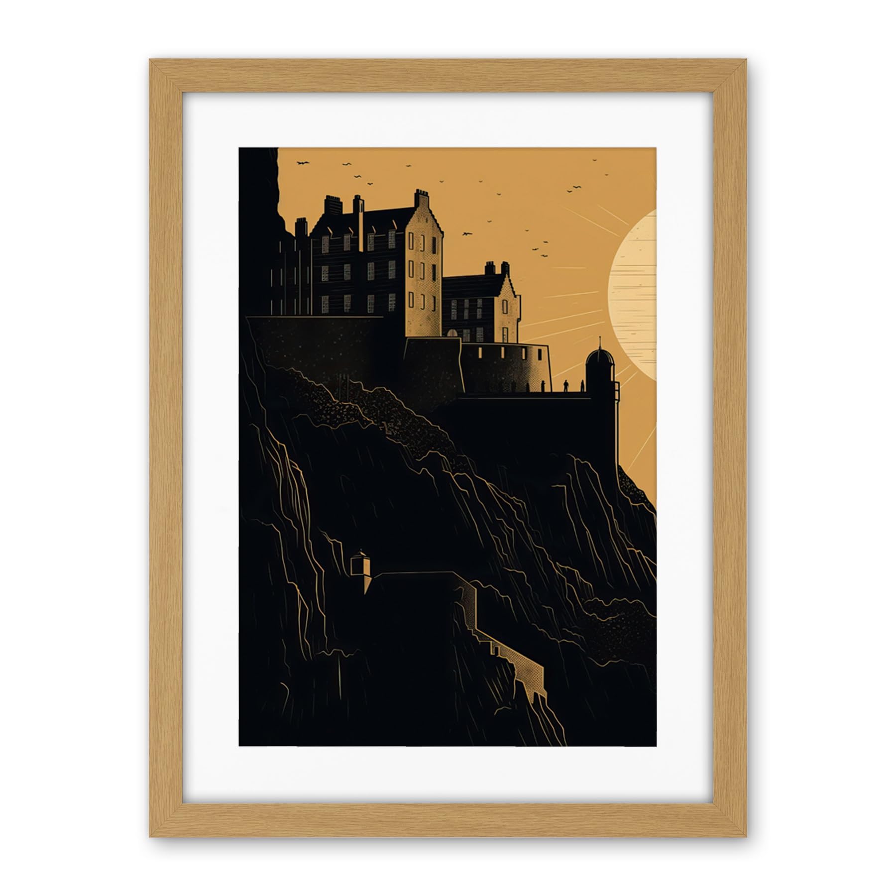 Artery8 Edinburgh Castle at Sunset Linocut Illustration Artwork Framed Wall Art Print 18X24 Inch