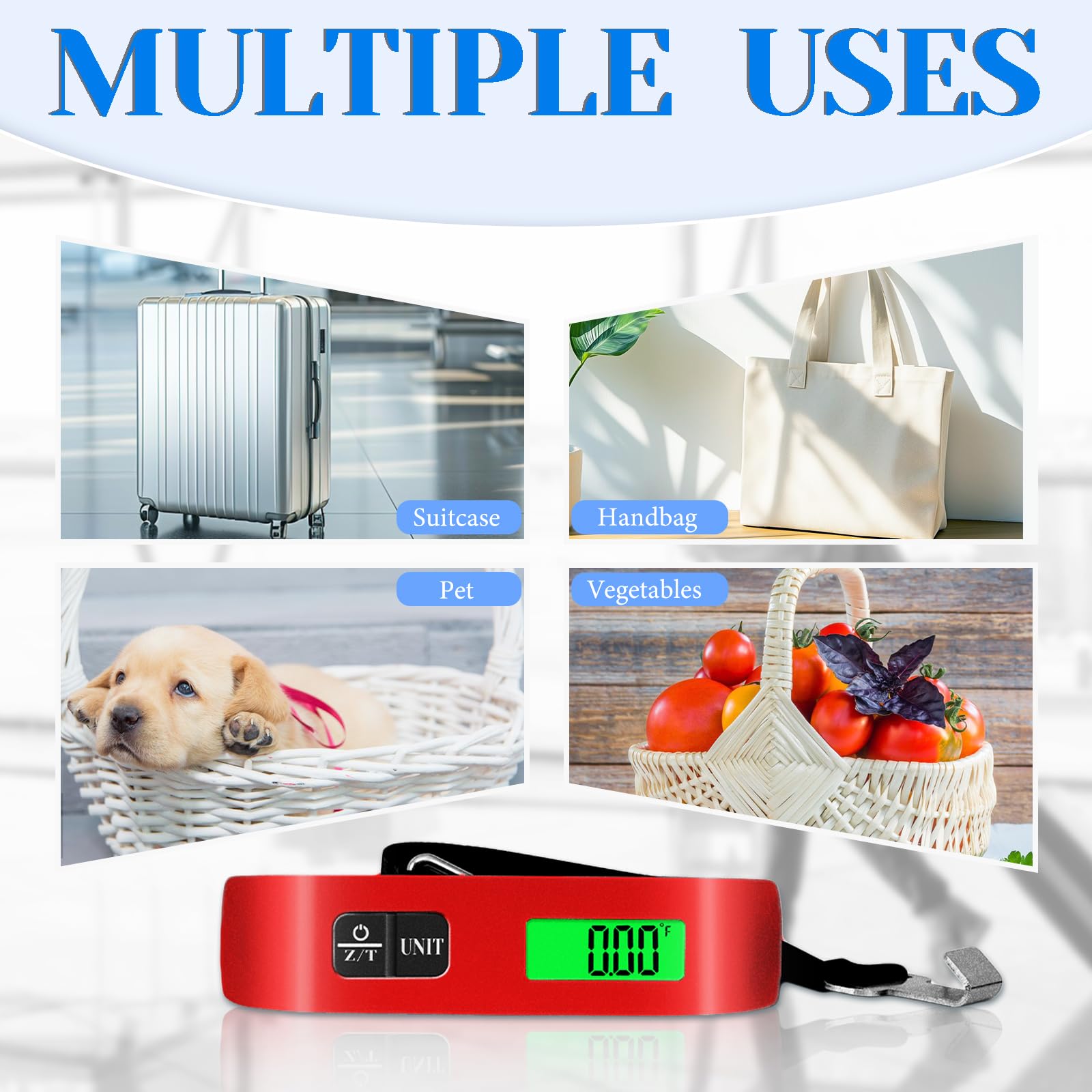 Pèse-bagages portable de 50 kg avec écran LED, balance numérique de voyage pour bagages, sacs à dos, fruits et animaux domestiques (rouge)