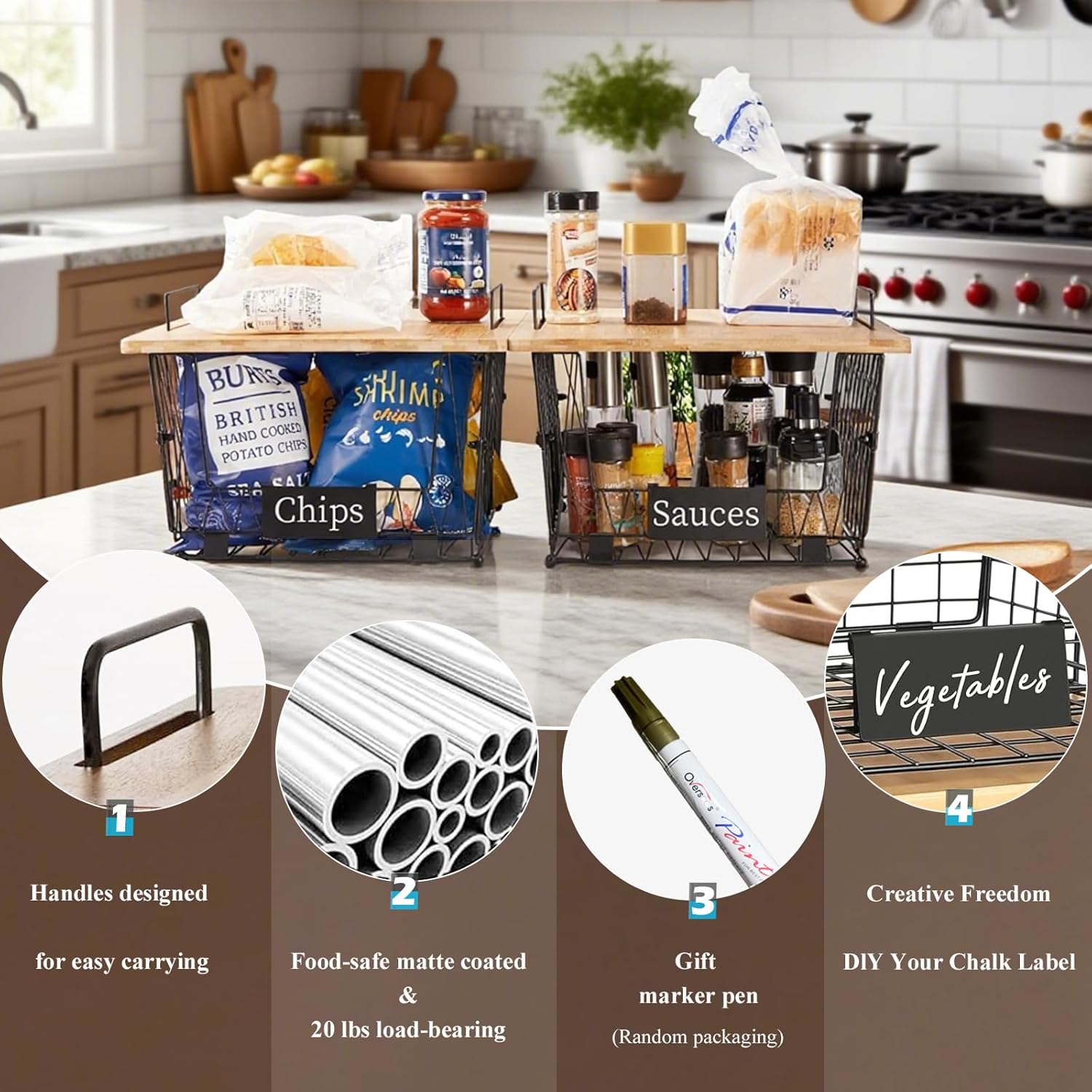 【XXL Big Size】1 Pack Stackable Wire Storage Baskets with Wood Lid- Pantry Cabinet Organization, Kitchen Counter Basket for Fruit Vegetable -Large Metal Bin for Pantry Organization and Storage, Black - Image 6