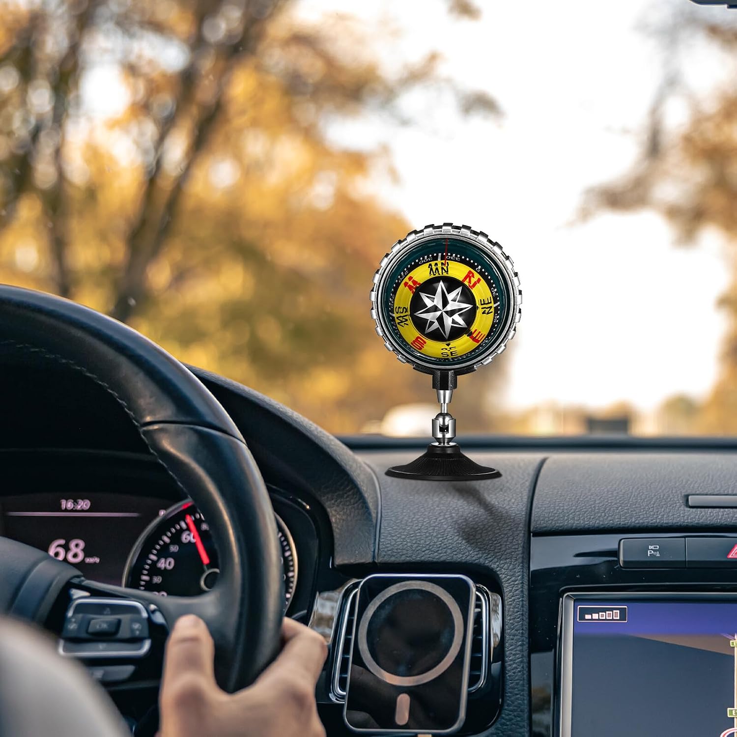 Marine Compass Ball for Boats and Cars with Yellow Dashboard Suction Mount, Professional Auto Compass for Vehicle Navigation and Survival Use
