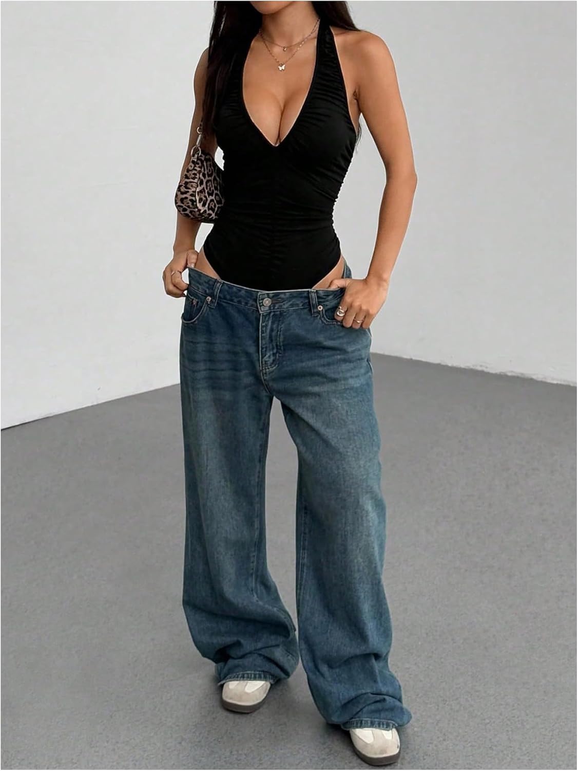 SweatyRocks Women's Deep V Neck Ruched Backless Halter Bodysuit Leotard Sexy Going Out Tops - Image 5