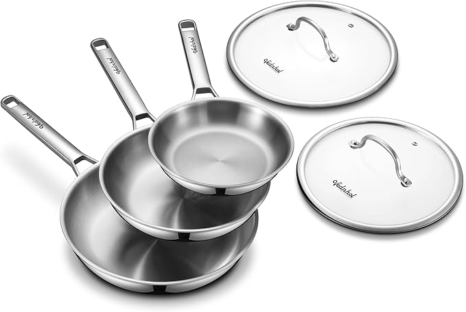 VEDNHOL Stainless Steel Frying Pan Set with Lids 8"&amp;10"&amp;12",8 Inch Skillet+10&amp;12 Inch Stainless Steel Pans with Lids,Frying Pan,Tri-Ply,PFOA&amp;PTFE Free,Dishwasher&amp;Oven Safe,Induction Compatible