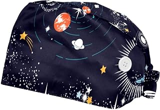 2 Pieces Working Hat with Buttons Adjustable Sweatband Bouffant Hats Unisex Tie Back Hats Galaxy Space Planets