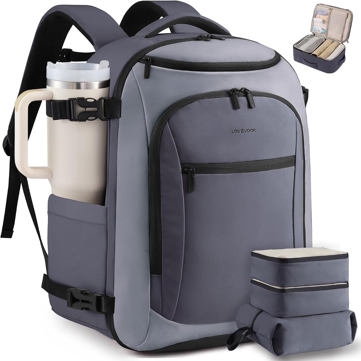 LOVEVOOK Mochila de viaje de 40 litros para mujeres y hombres, bolsa de transporte aprobada por aerolíneas | Mochila para artículos personales TSA con 3 cubos de embalaje, bolsa impermeable para fin de semana, portátil de 18 pulgadas, 5 compartimentos para viajes de negocios