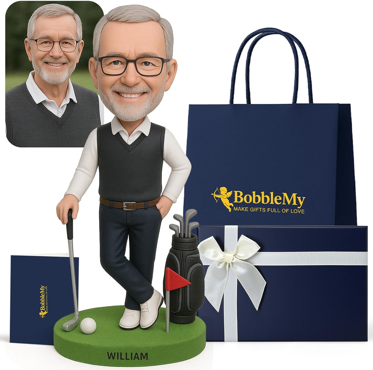 Custom Golf Bobblehead – 6/7/8" Personalized Male from Photo, Semi-Custom Head or Full-Body, Handmade Soft-Clay Figure, Gift Box & Bag + Greeting Card, for Dad/Husband/Coach/Retired