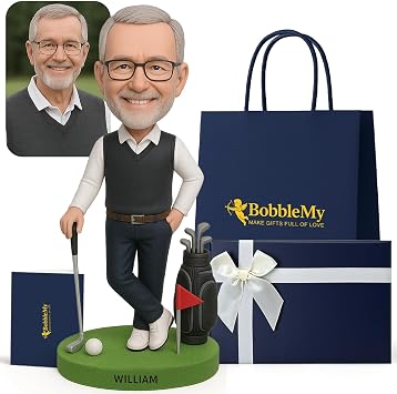 Custom Golf Bobblehead 6/7/8" Personalized Male from Photo, Semi-Custom Head or Full-Body, Handmade Soft-Clay Figure, Gift Box & Bag + Greeting Card, for Dad/Husband/Coach/Retired