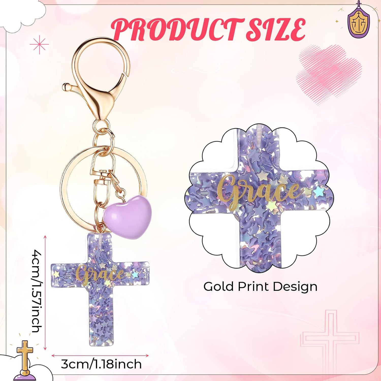 Nosiny 30 Pcs Cross Keychains Bulk Christian Gifts for Women Resin Glitter Keychains Colorful Cross with Hearts Key Ring for Easter Women Sister Gift - Image 2
