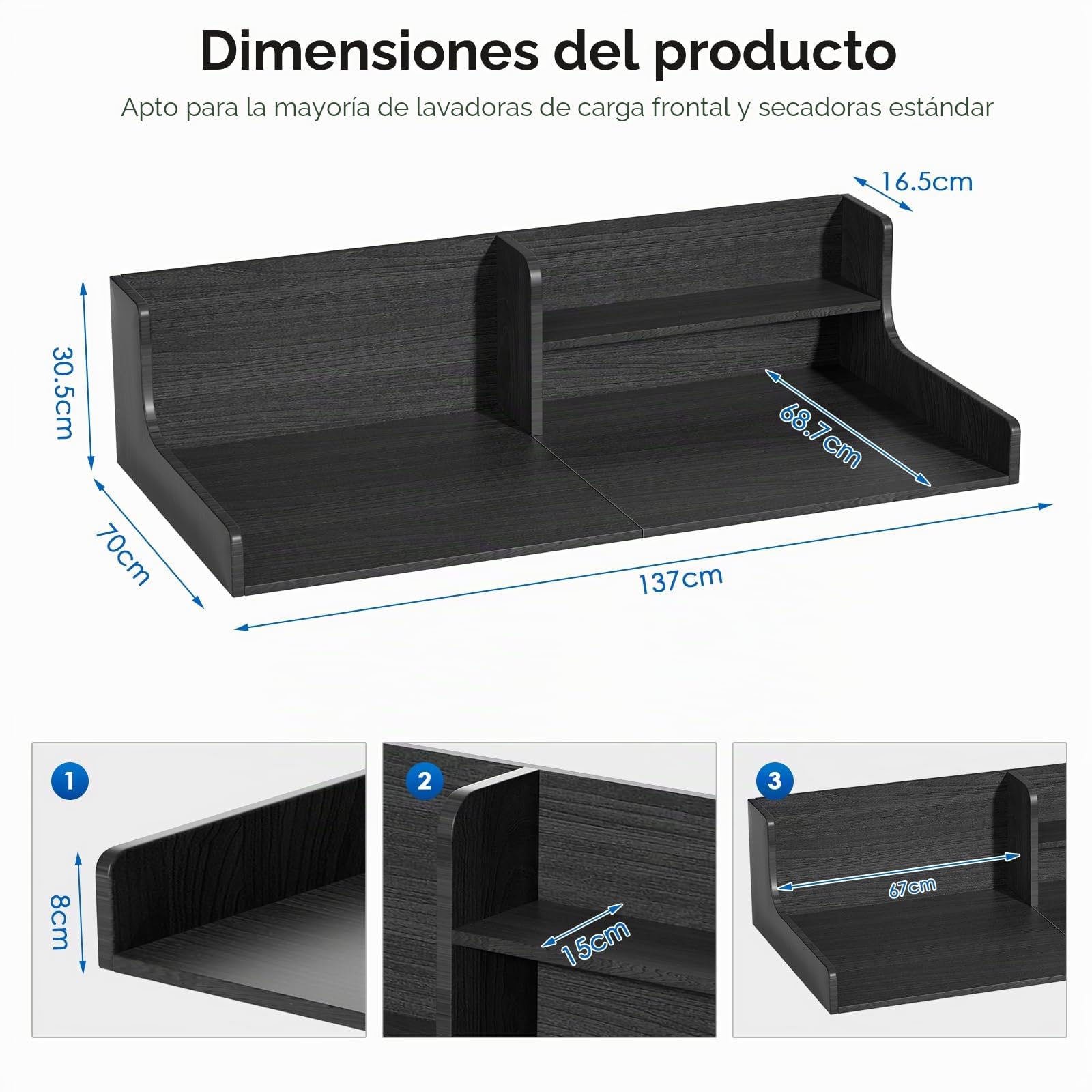 Encimera para Lavadora y Secadora de 2 Niveles, Mesa de Madera Plegable con Estante de Almacenamiento, 137 x 70 x 30,5 cm, Tablero Superior con Valla de Seguridad, Negro