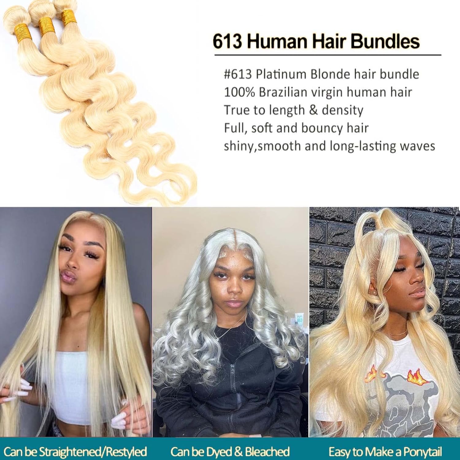 613 Bundles Body Wave Bundles Human Hair 1 Bundles 22Inch 100% Brazilian Hair Bundle 8A Honey Blonde Virgin Bundles Human Hair Extensions 613Color Weave 95-100g