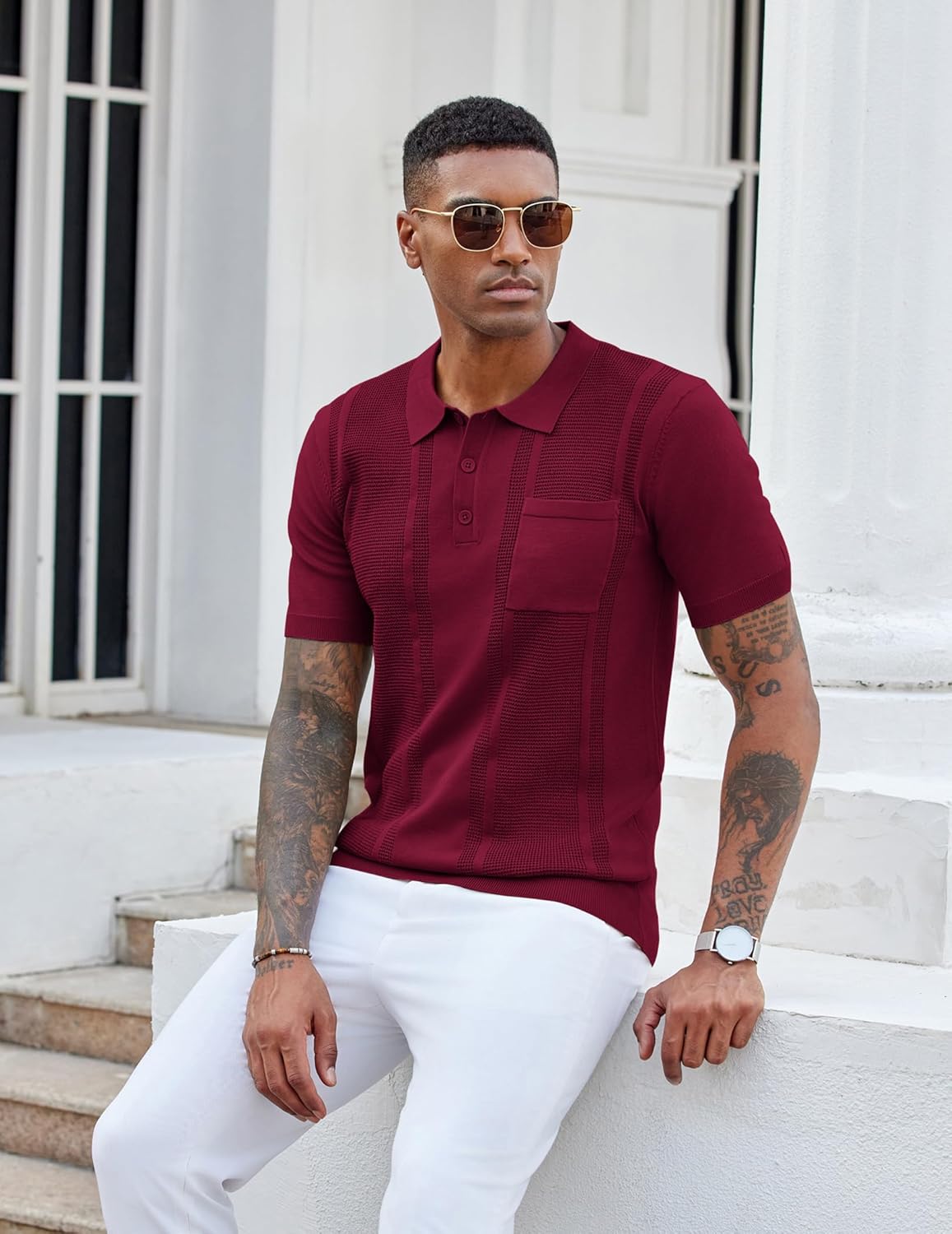 COOFANDY Knit Polo Shirts for Men Short Sleeve Textured Polo Shirt Slim Fit Summer Collared T Shirt with Pocket - Image 3