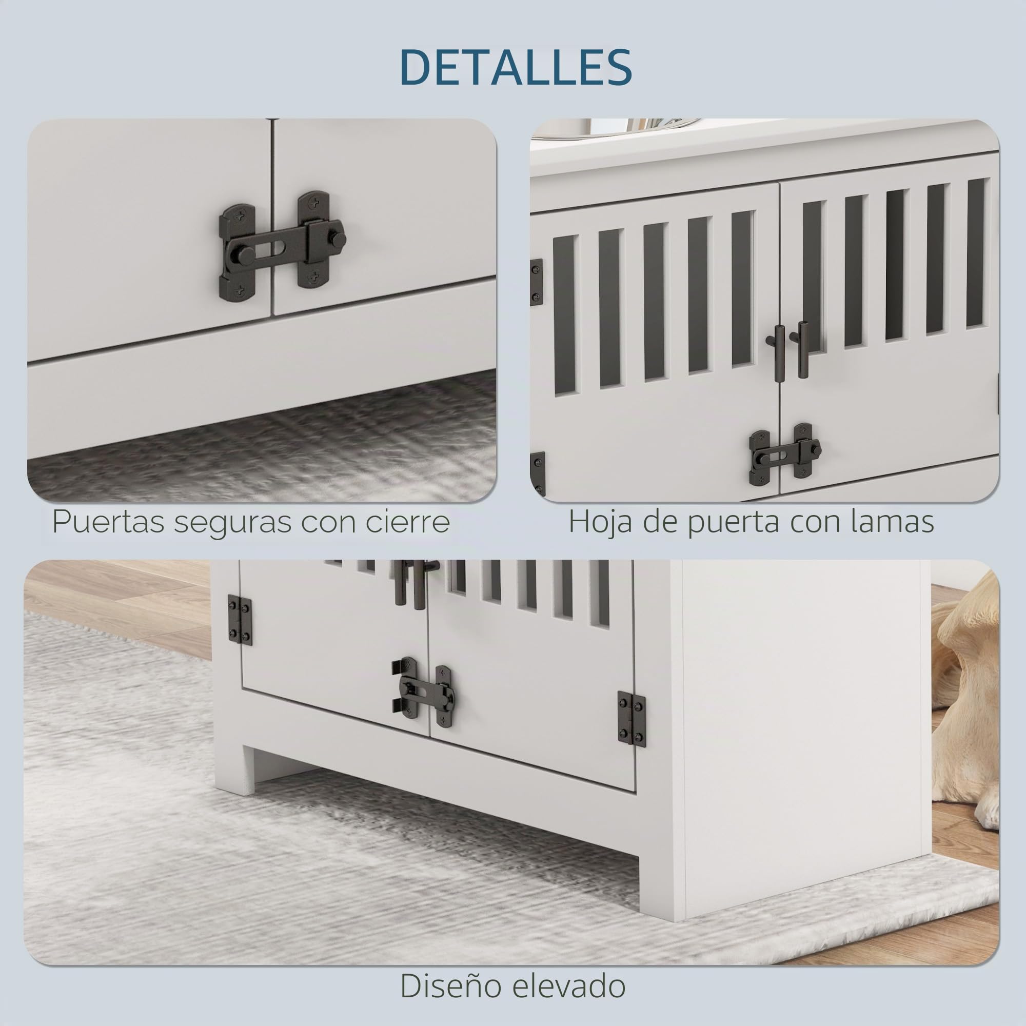 Comedero PawHut, estación de alimentación elevada con comedero de Acero Inoxidable de 2 litros, Espacio de Almacenamiento, Doble Puerta con Cerradura, Barra para Perros Extra Grandes, Blanco