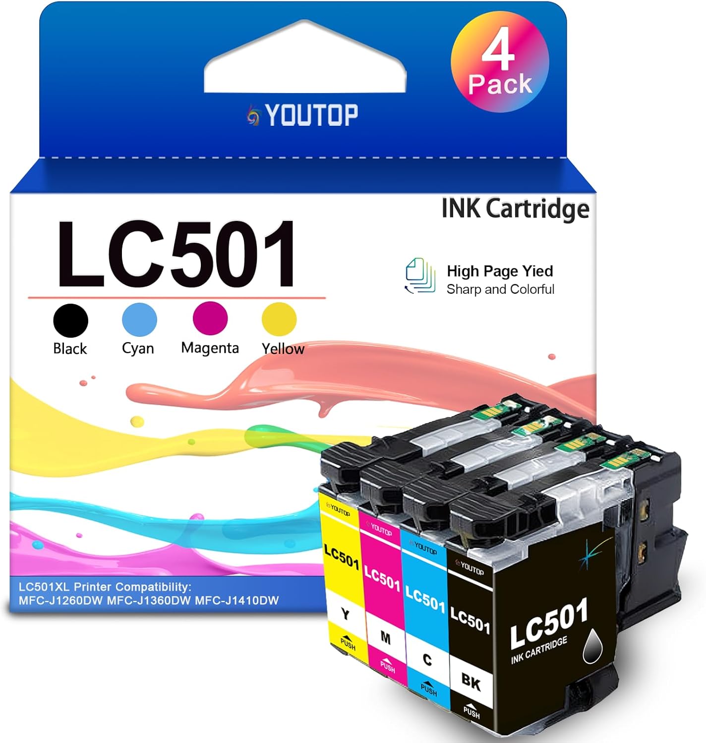 LC501 LC501XL Ink Cartridges Color Set LC501xlBK LC501xlC LC501xlM LC501xlY Standard Yield Ink Replacement for MFC-J1260DW MFC-J1360DW MFC-J1410DW Printers