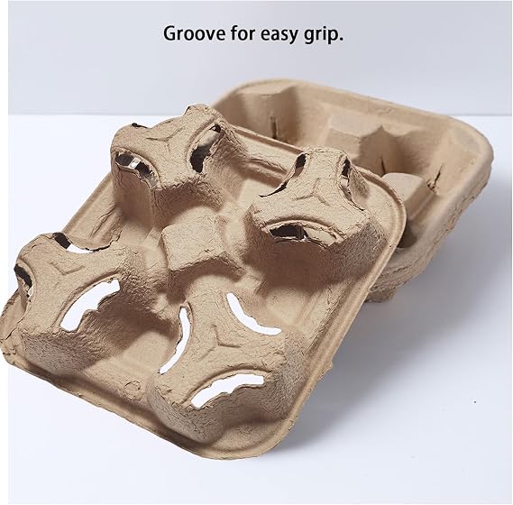Compostable 4-Cup Drink Carrier for 8-32 oz Cups | 100 Pack, 2.24 deep cup wells for extra stability. Molded pulp fiber, compostable. For takeout, delivery, coffee & more