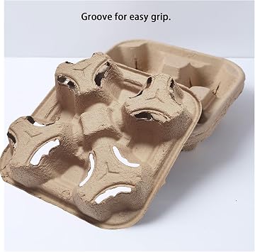 Compostable 4-Cup Drink Carrier for 8-32 oz Cups | 100 Pack, 2.24 deep cup wells for extra stability. Molded pulp fiber, compostable. For takeout, delivery, coffee & more