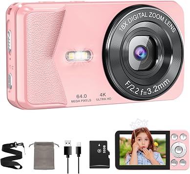 QZTCAMERA Digital Camera 4K Digital Camera Compact Camera 64 Million Pixels Type-C Cable for Smartphone Connectivity Time Plus Recording Function 2.8 Inch Large Screen Auto Focus 18x Digital Zoom Self