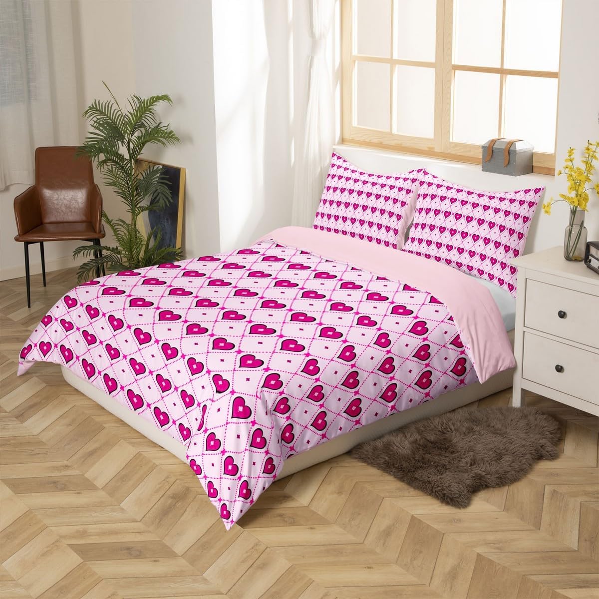 Manfei Love Hearts Duvet Cover Set Toddler Size,Romantic Valentine's Day Princess Style Bedding Set,Girls Boys Teens Room Decor,Pink Crossed Plaids Stripes Patchwork Quilt Cover,No Comforter
