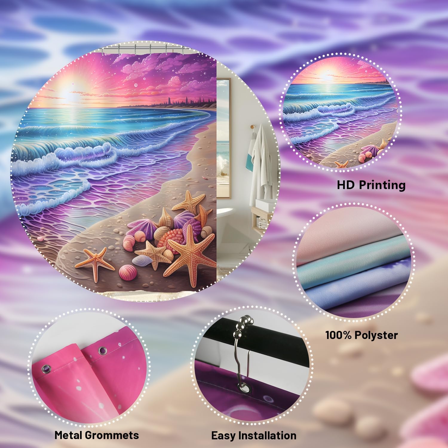 Purple Sunrise Beach Shower Curtain 72x72 Inch Sea Ocean Bath Curtain