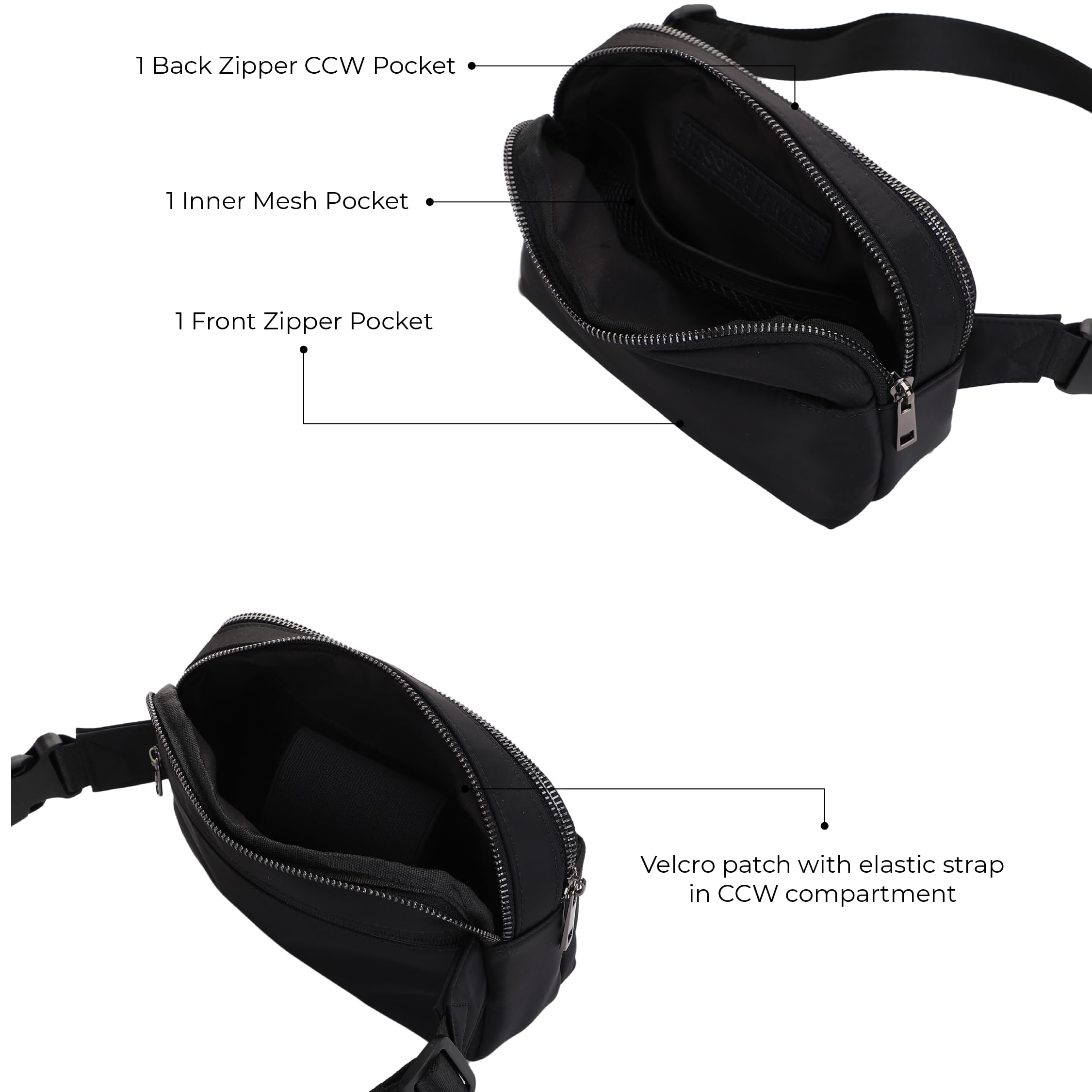 Jessie & James Nylonowa nerka crossbody z regulowanym paskiem na klamrę, modna torba na pasek z wieloma kieszeniami, Czarny, Jeden rozmiar