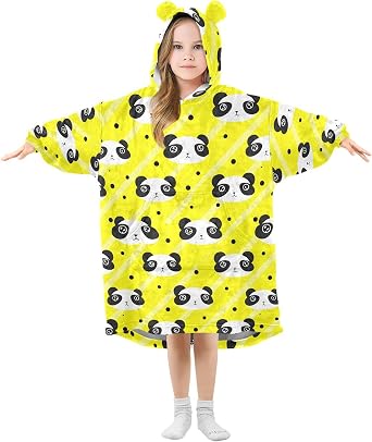 CEBUGI Cute Pandas Wearable Blanket for Kids Blanket Hoodie with Kangaroo Pocket for Boys Girls age 3-14,S