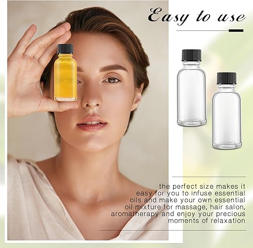 Miniatura 4 de Hsei 48 botellas de vidrio de 1 onza con tapa negra, muestra transparente, botella redonda Boston pequeños recipientes de vidrio con tapas, botellas