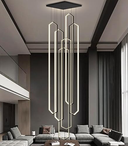 Miniatura 34 de Candelabro moderno de 6 anillos, luz LED dorada contemporánea para entrada de sala de estar, lámparas de techo alto regulables con control remoto
