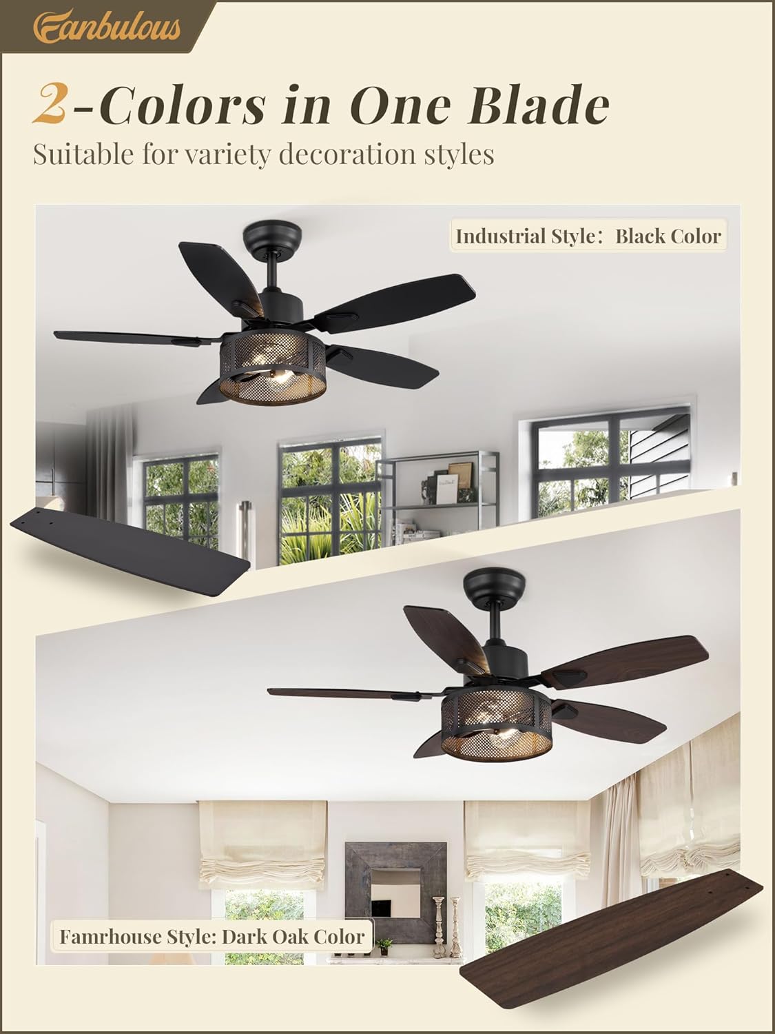 Image showing the dual-color blades of the Fanbulous ceiling fan, with one side in black for an industrial style and the other in dark oak for a farmhouse style.