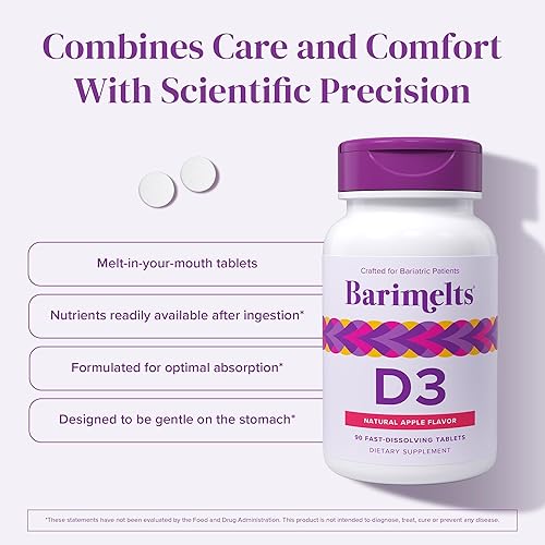 Miniatura 4 de BariMelts Vitamina D3 5000 UI, 90 tabletas de disolución rápida (suministro de 3 meses), vitaminas bariátricas para mujeres, sabor natural a manzana
