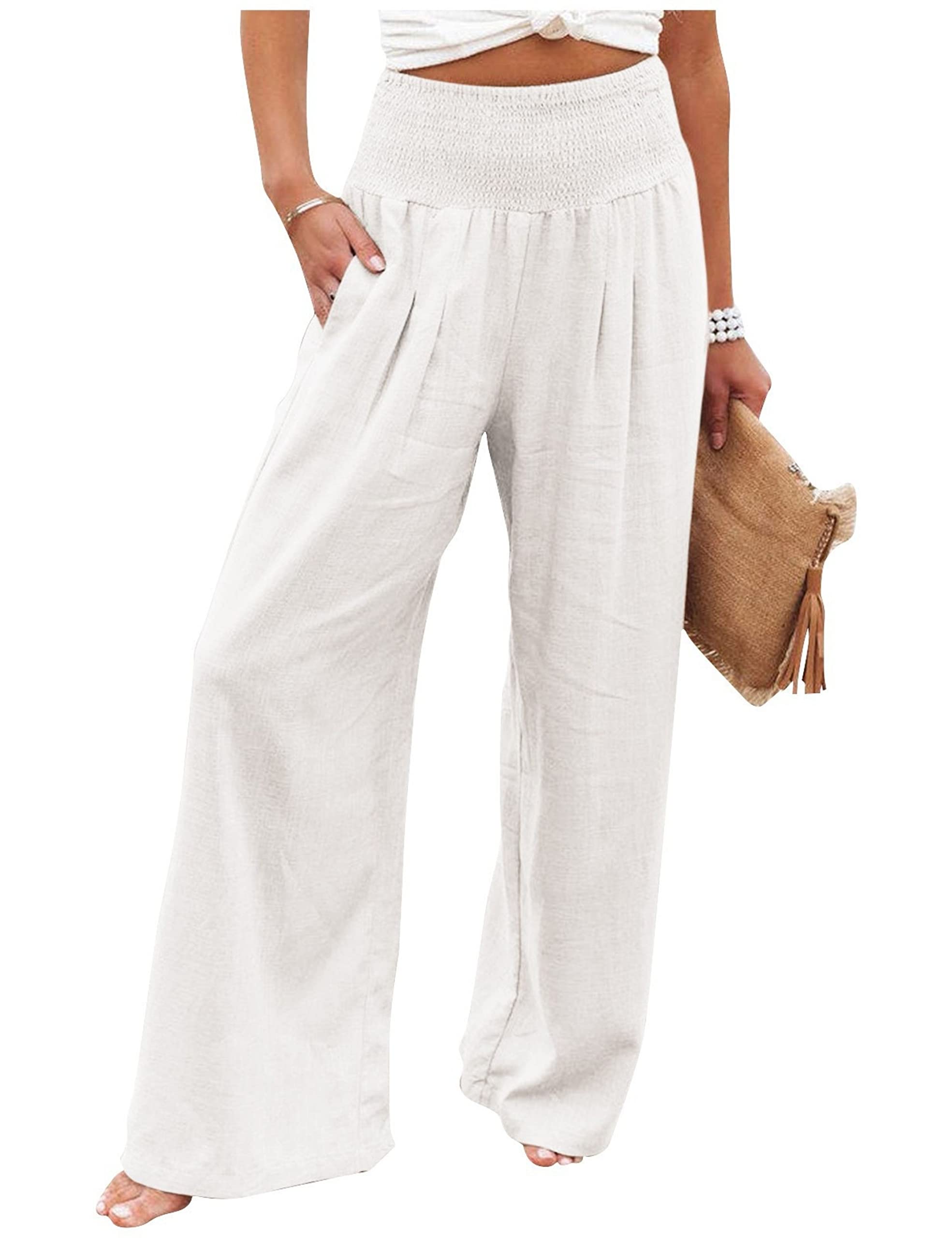 Unilexi Womens Wide Leg Pants High Waist Casual Long Palazzo Pants Loose Fit Beach Trousers with Pockets