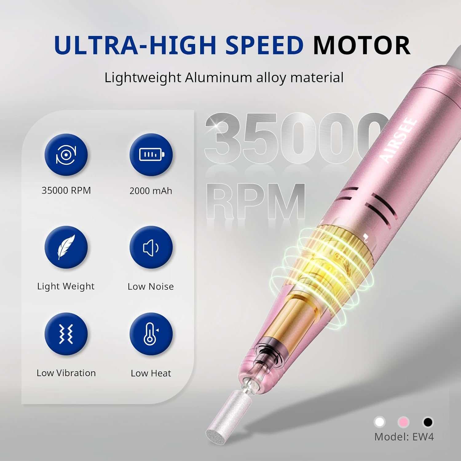 AIRSEE Professional Portable Nail Drill 35000RPM,Rechargeable Cordless Nail Drill for Manicure Salon Home, Eletric Nali E File for Acrylic Nails Gel Polishing Removing, EW4 Pink
