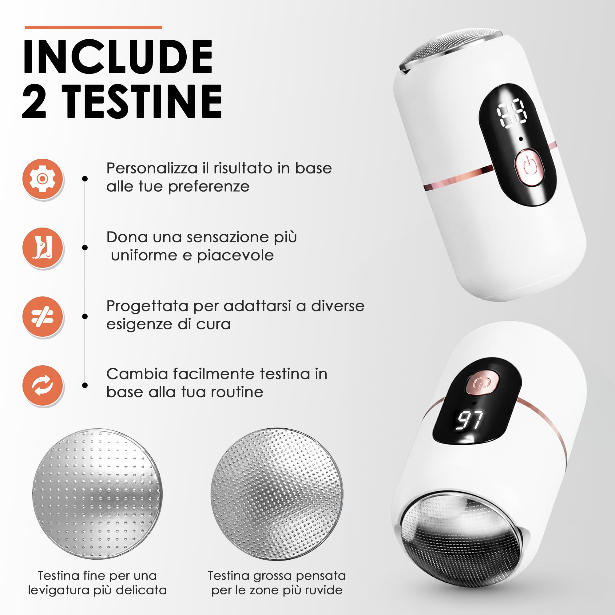 Pedicure Elettrica Professionale Piedi, Lima elettrica per piedi, Rimuovere calli, pelle morta e talloni ruvidi, strumento per pedicure a 3 velocità con 2 testine abrasive sostituibili.