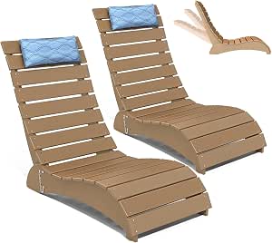 NAVINE Adjustable HDPE Pool Lounge Chairs Set of 2 with Headrest, Teak