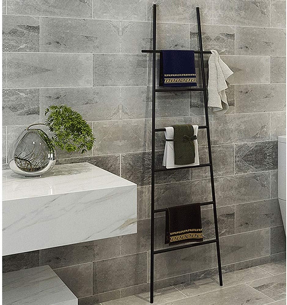 4-Foot Wall-Leaning Black Metal Ladder Towel Rack Free Standing Bath Towel Bar Storage Ladder - Holds Towels Blankets Clothes and Magazines/Newspapers - 6，