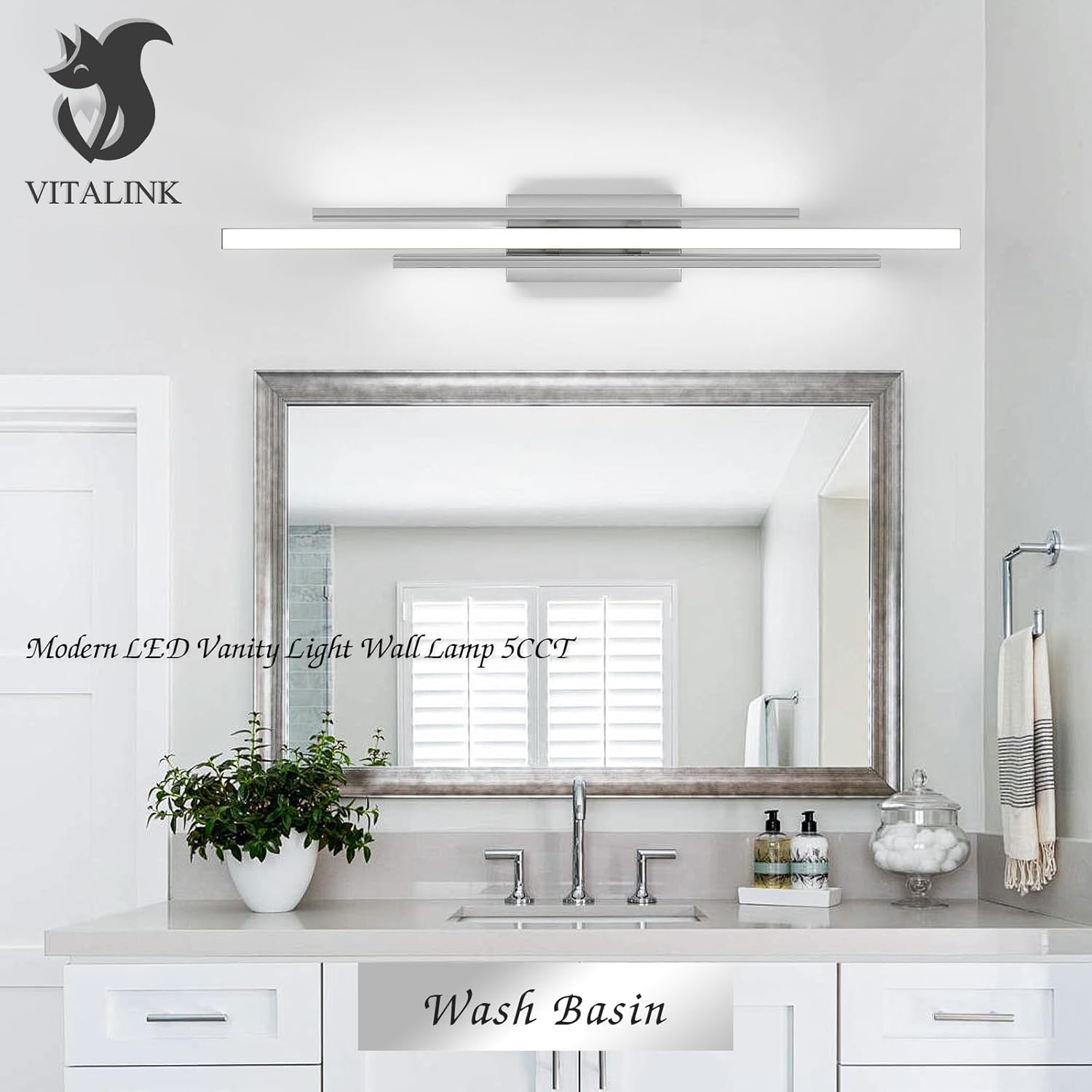 35 Inches Nickel LED Modern Bathroom Vanity Light Fixtures 25W Dimmable 5CCT Vanity Light Bar Over Mirror 3-Light Wall Light for Bathroom Over Mirror Picture Light