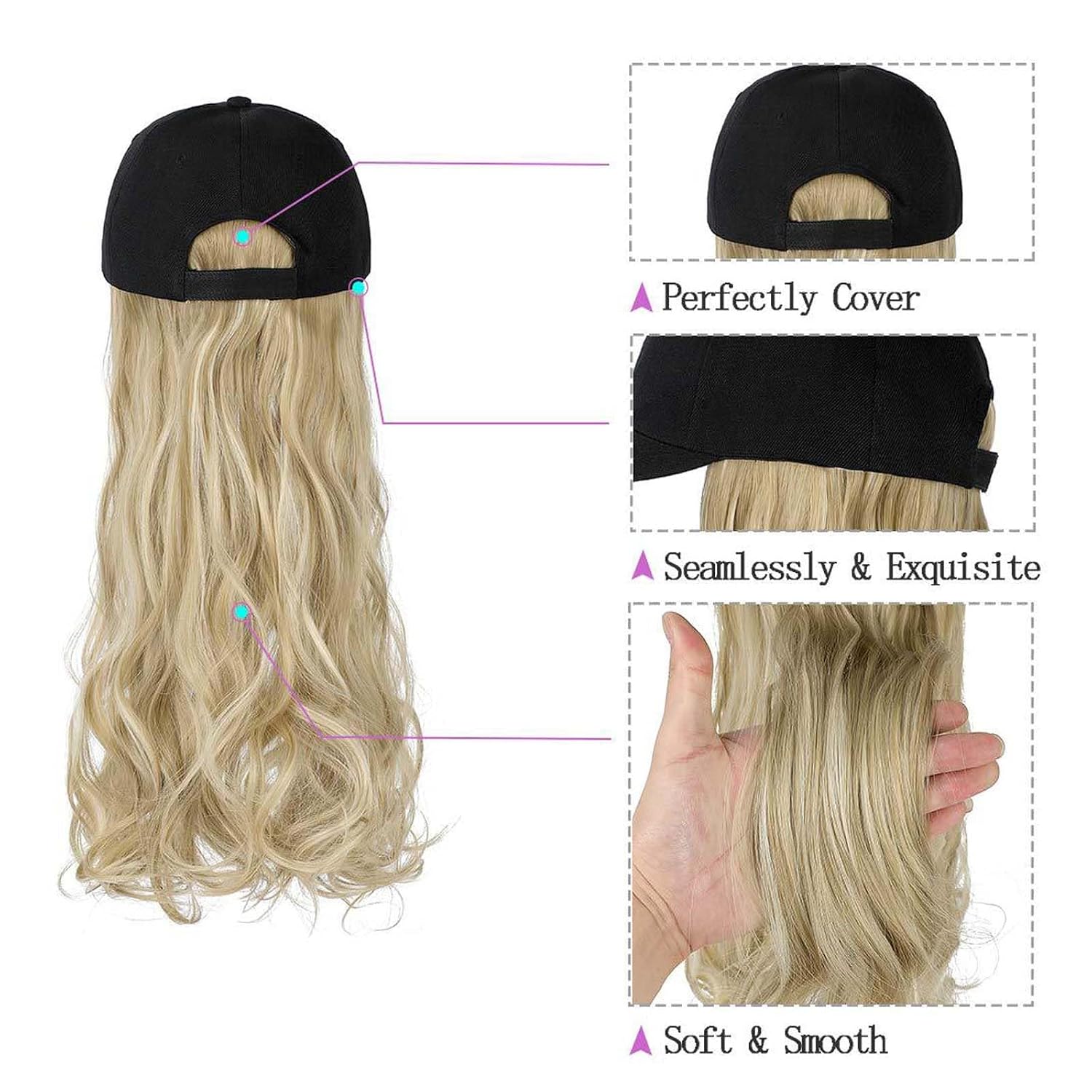 Woman Baseball Cap with Straight Hair Duck Tongue Cap Wool Curly Wig Wavy Long Curly Hair
