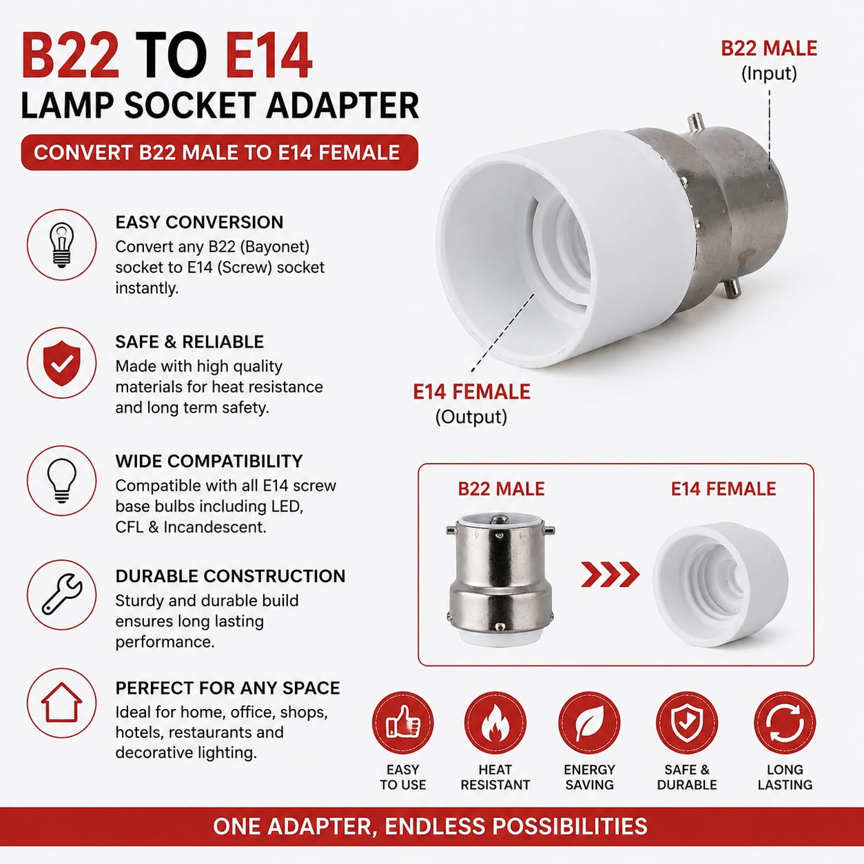 B22 to E14 Lamp Base Converter - White -5