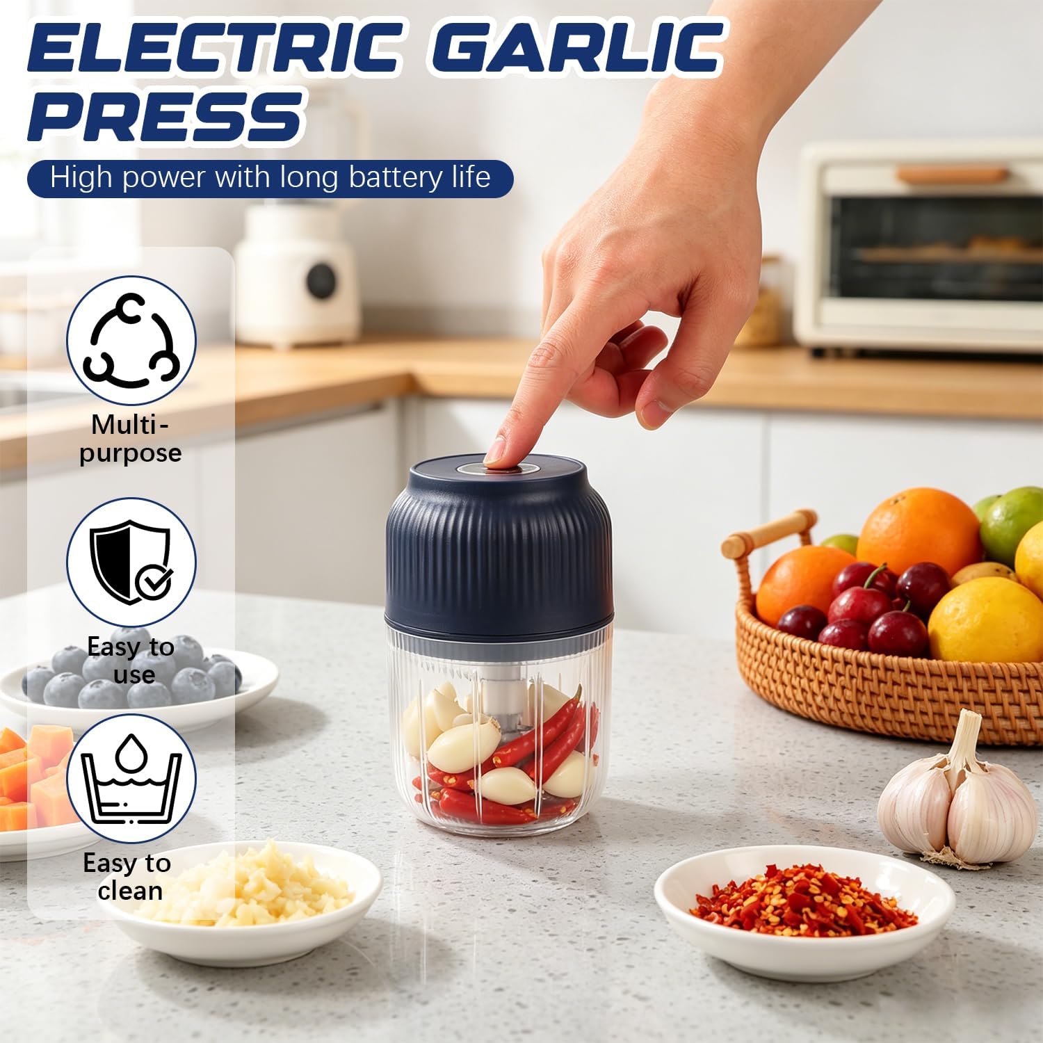 Electric Garlic Chopper 350ml, Cordless & Powerful 6 Stainless Steel Blades | Portable Cordless Garlic Mincer, Food Chopper with Lid, Mini Food Processor for Onion Ginger Chili Meat