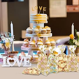 COQOFA 100 Pcs 6X10 IN Gold Heart Cello Cellophane Treat Bags Gift Party Favor Bags Clear Plastic Poly Goodie with Twist Ties for Candy, Cookie,Baby Shower, Valentine, Wedding Birthday
