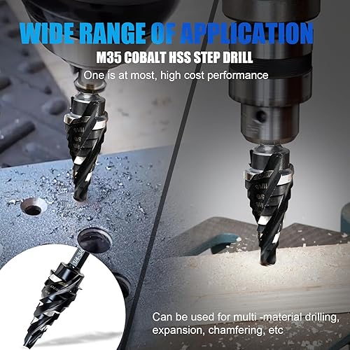 Miniatura 7 de M35 - Juego de brocas de cuatro pasos de flauta en espiral, 14 a 34 pulgadas (9 tamaños), vástago hexagonal de 14 de pulgada, broca escalonada de