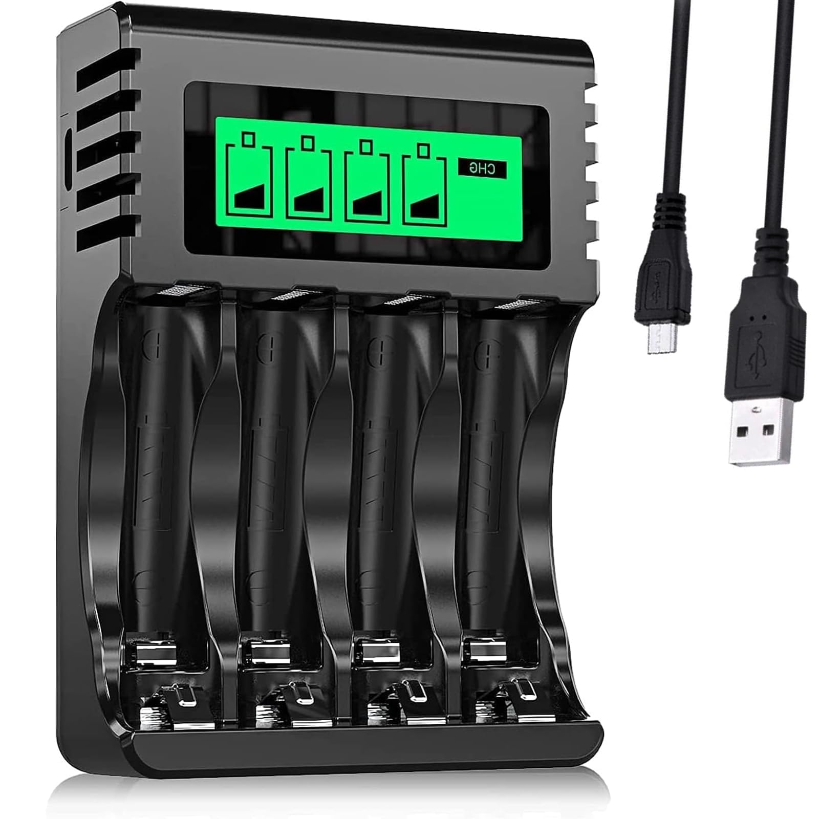X spring Battery Charger, Smart Universal 4-Bay Charger, Automatic Lcd Display, Fast Charge Long Lasting, Fully Automatic Stop, Cycle Charging Suitable for Aa and Aaa Rechargeable Batteries