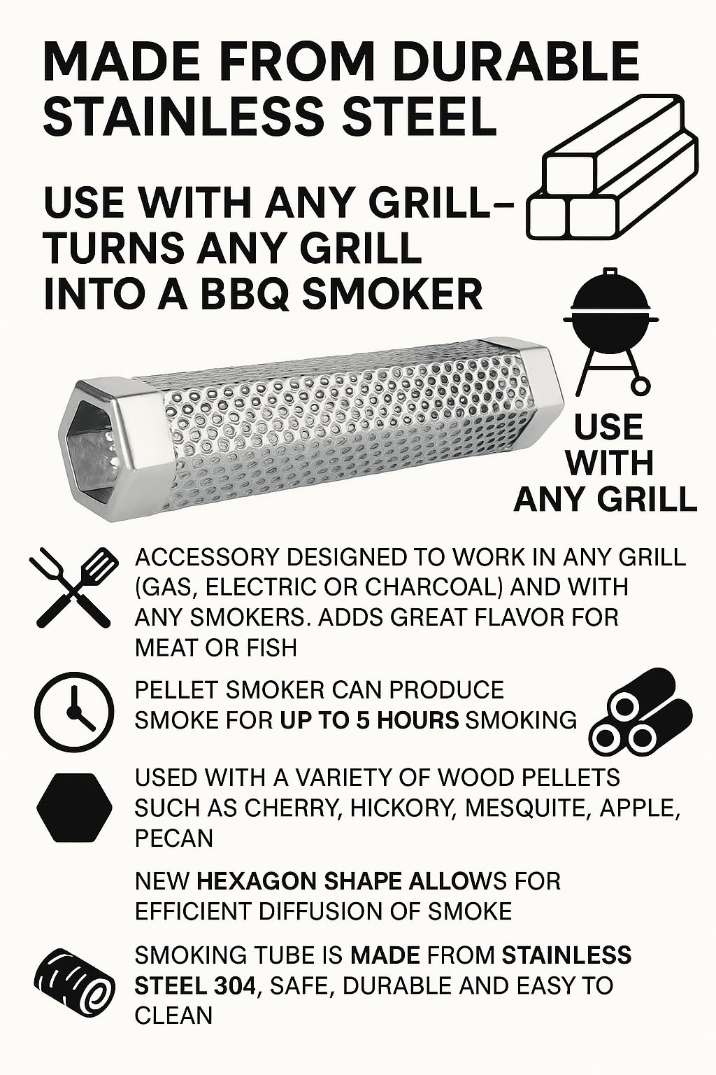 Pellet Smoker Tube, 12'' Stainless Steel BBQ Wood Pellet Tube Smoker for Cold/Hot Smoking, Portable Barbecue Smoke Generator Works with Electric Gas Charcoal Grill or Smokers, Bonus Brush, Hexagon