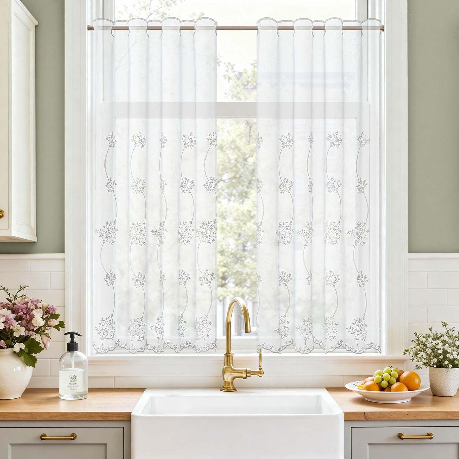 TOPICK Scheibengardine Küche lichtdurchlässig Bistrogardine Wohnzimmer modern Küchengardinen Gardine Schals Fensterschal Kurzgardine für Küche Küchenfenster Landhausstil