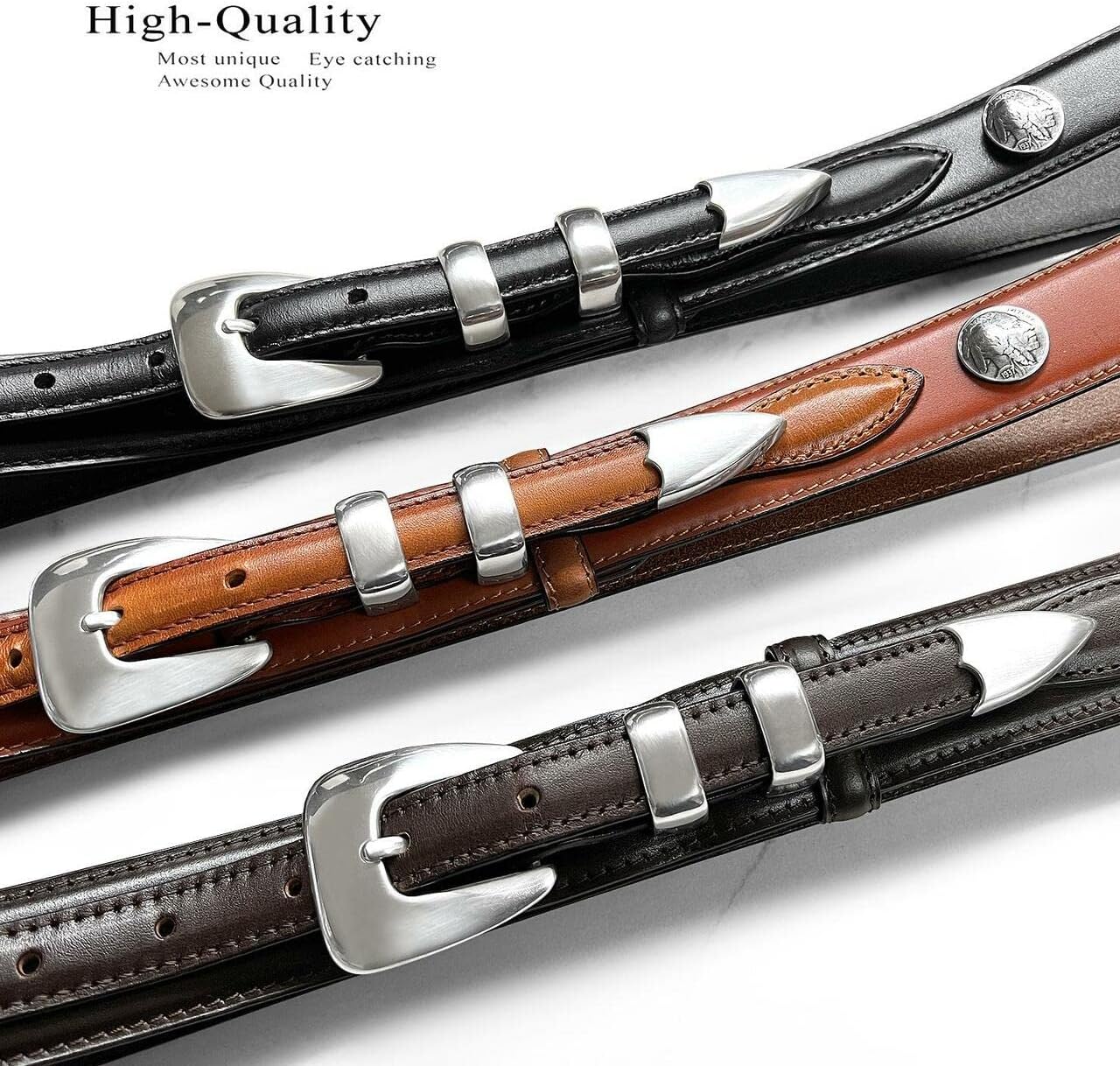 Silver Mirror Buckle Oil Tanned Genuine Leather Western Ranger Belt 1-3/8"(35mm) Taper to 3/4"(19mm) Wide-Multiple choices - Image 3