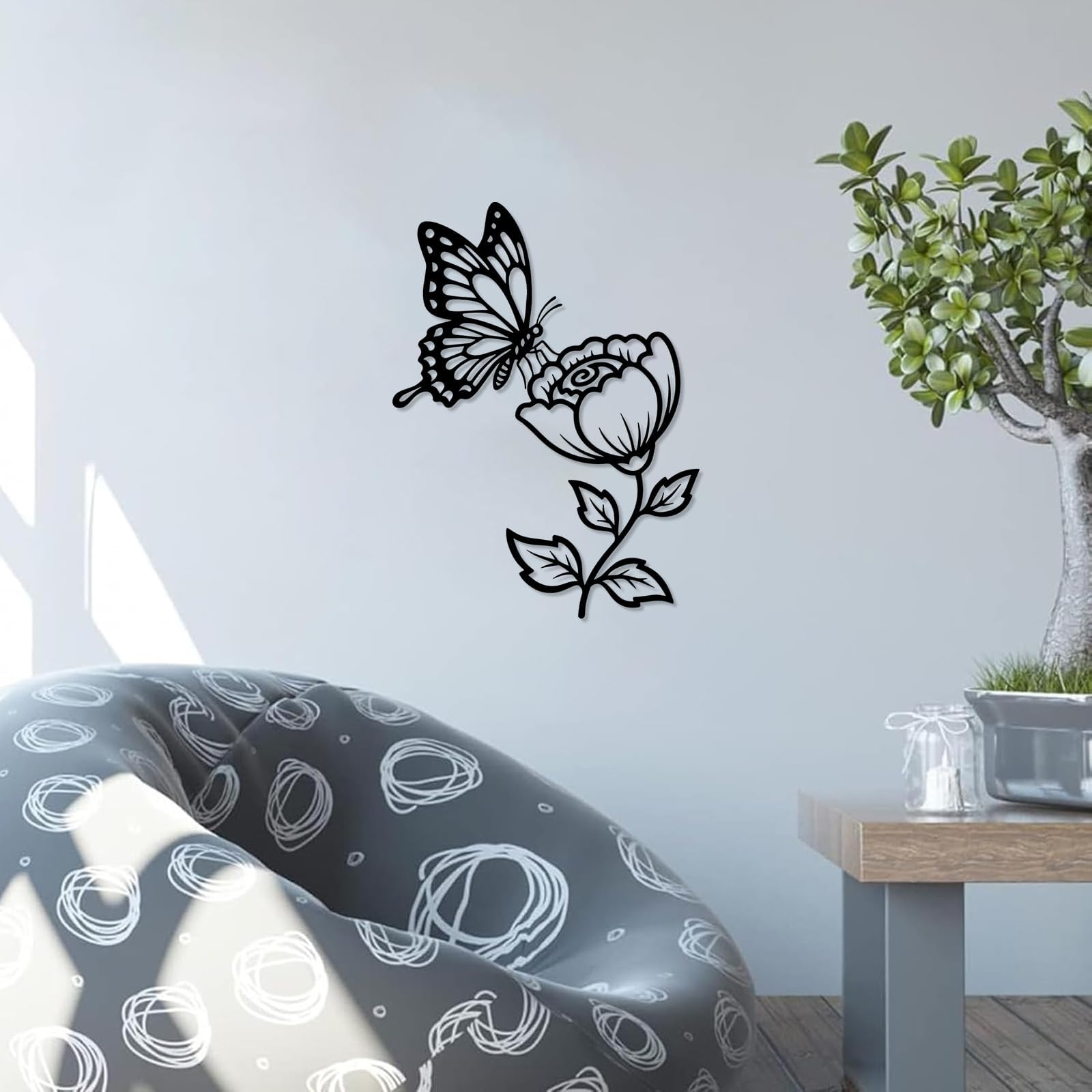Dekoracja ścienna do salonu, dekoracja wisząca do domu (61 cm) | Motyl na kwiatku metalowa sztuka ścienna dekoracja ścienna metalowa dekoracja zewnętrzna
