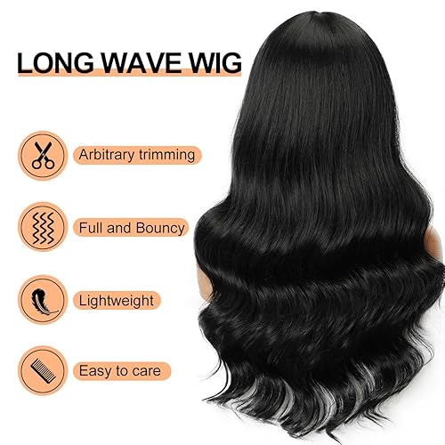 Miniatura 4 de NOSTALGIA Long Black Wig with BangsLong Wavy Wig with Bangs for Women Loose Body Wave Synthetic Natural Hair Wig for Girls Daily Party Use 24 inch