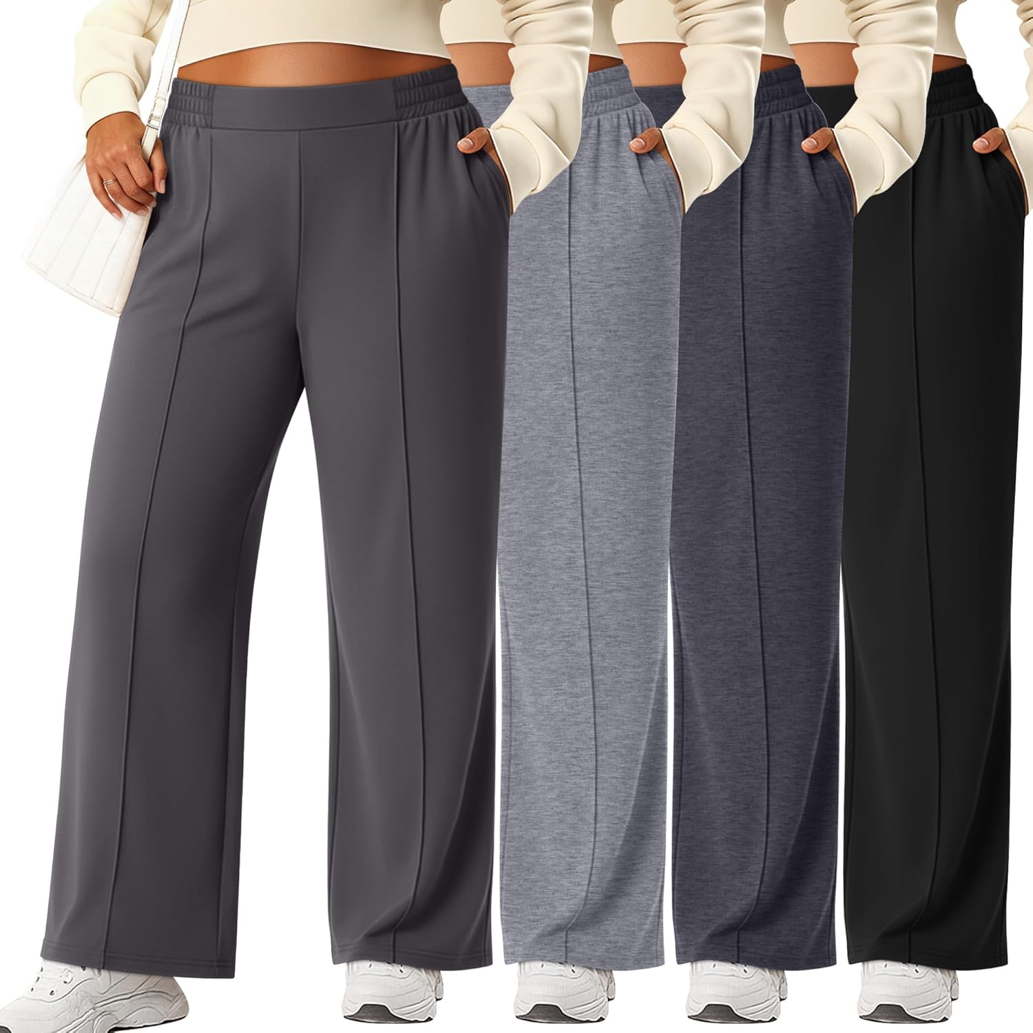 Neer 4 Pack Women's Plus Size Lounge Pants, High Waisted Wide Leg Front Seam Sweatpants Yoga Casual Baggy Pants with Pockets